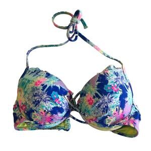 Victoria’s Secret blue tropical ruffle halter bikini swim top sz 34A underwire